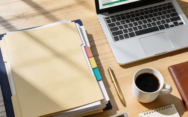 Financial documents and organized accounting workspace