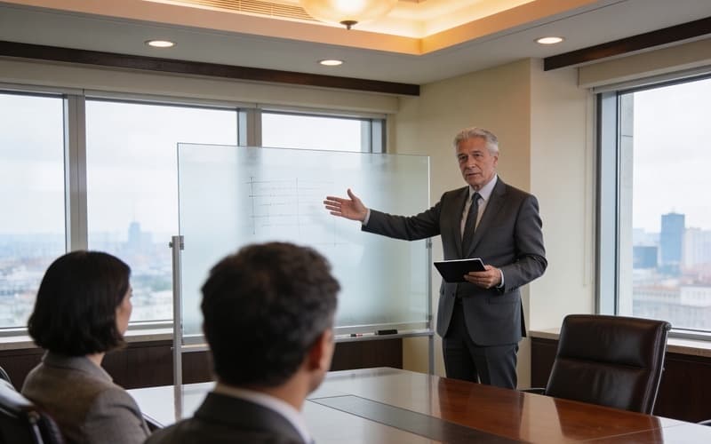 Consultants reviewing financial strategy in a boardroom