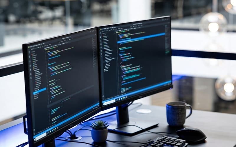 Modern technology workspace with code on screens